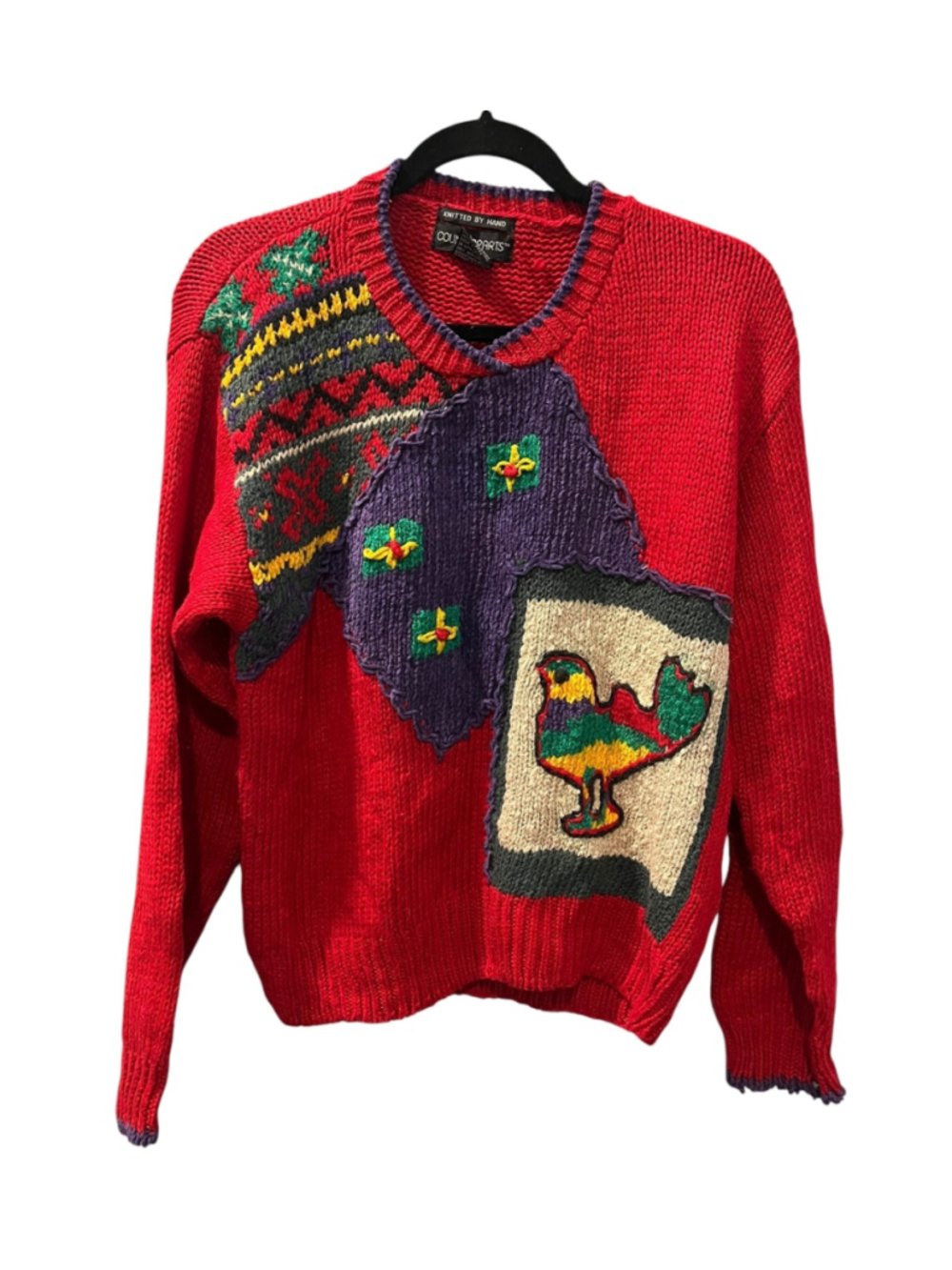 VTG Counterparts Hand Knit Bird Novelty Sweater Red Patchwork Folk Art Cotton M